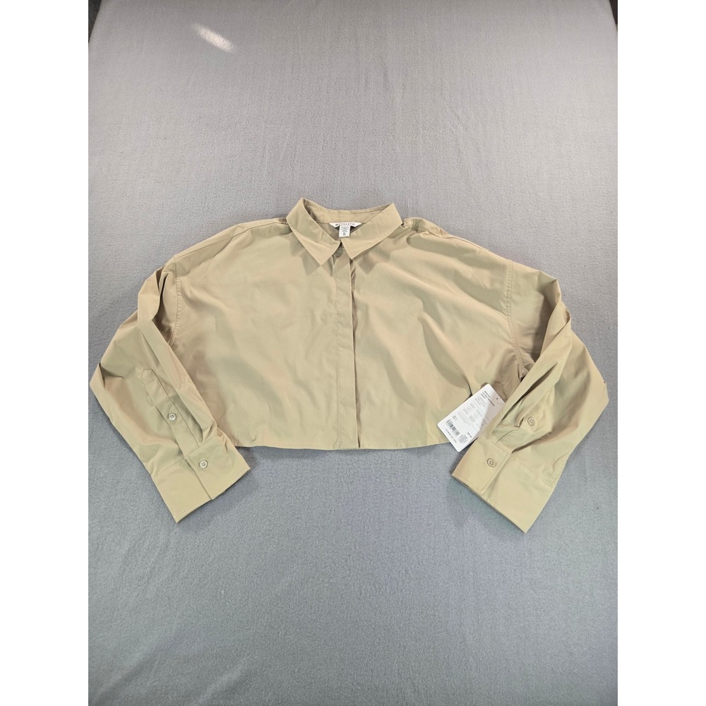 Athleta Cropped Shirt Women XL Beige Long Sleeve Button Down Boxy Solid Top